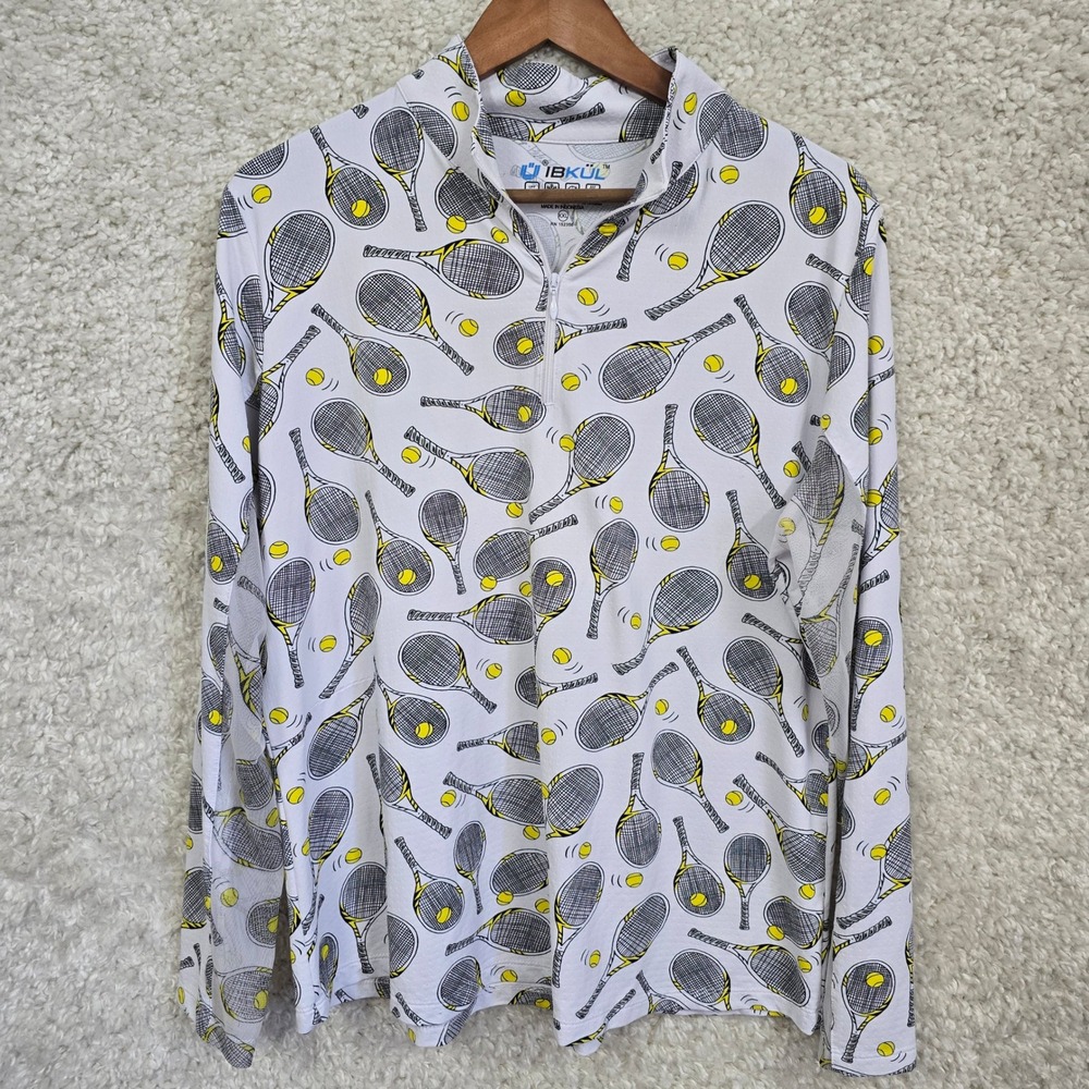 IBKÜL Tennis Racket Print Top‎ Women XXL White Quarter Zip UPF 50+ Cooling Mesh